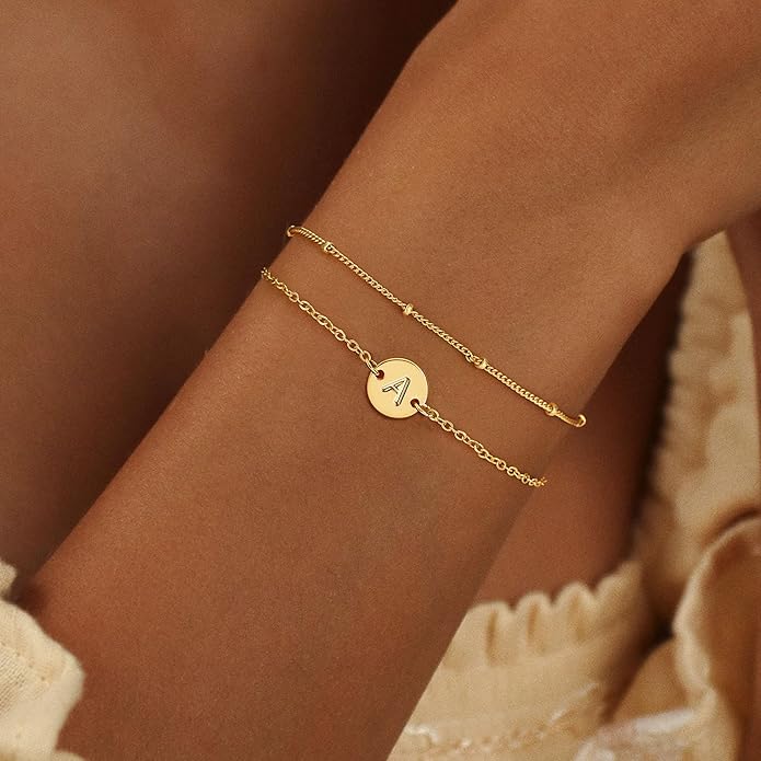 Valentines Day Gifts Initial Bracelets Gifts for Women Trendy - 18K Gold Plated Letter Bracelet Dainty Disc Monogram Charm Bracelet