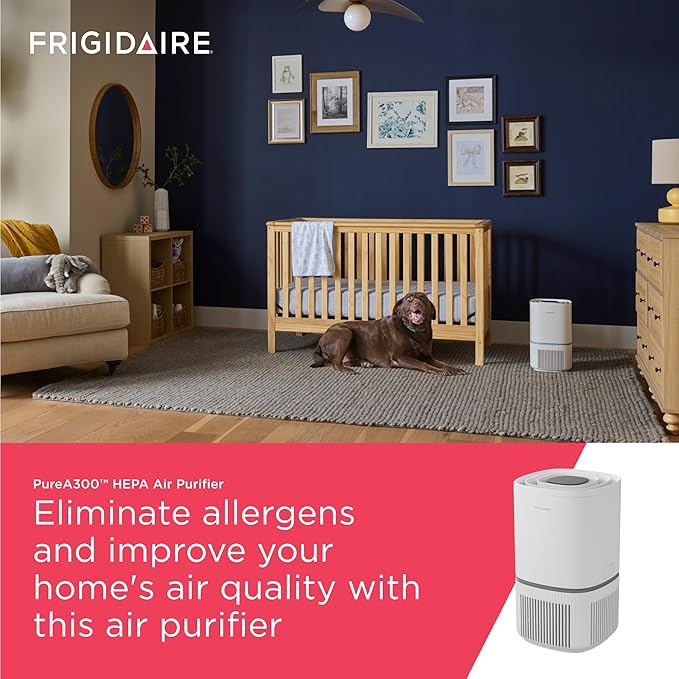 Frigidaire PureA300 HEPA Air Purifier for Small Bedrooms, Covers up to 850 Sq. Ft., 3-Stage Filtration, Energy Star Certification, Air Quality Monitoring, Smart Mode, Ultra Quiet, White-PurrikoPets