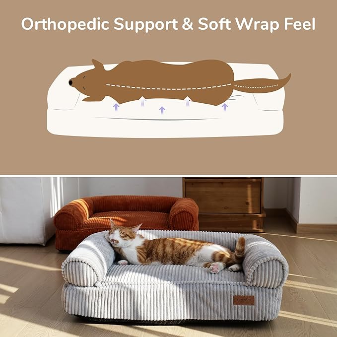 FUKUMARU Dog Couch Bed, Corduroy Cozy Cat Bed for Indoor Cats with Washable Cover, Supportive Waterproof Dog Beds Sofa for Small Dogs and Large Cats Cute, 28inch, Medium, Light Grey-PurrikoPets