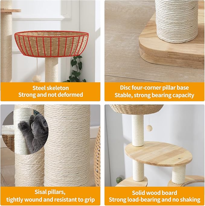59" Big Modern Cat Tree Tower, Cat Tower Sisal-Covered Scratching Posts for Indoor Cats, Oak Wood Cat Tree for Large Cats, Multi-Level Cat Condo with Space Capsule Nest, Cat Furniture Activity Centre-PurrikoPets