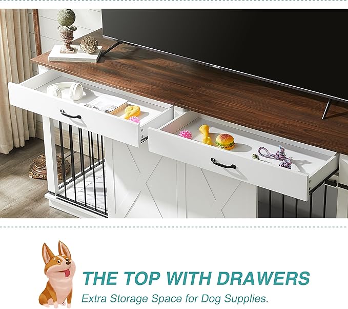 EDYO LIVING 72.5" Large Dog Crate Furniture for 2 Dogs, Wooden Dog Kennel with Drawers, Divider, Sliding Barn Door, Water Resistant Indoor Furniture Style Double Dog Crates, White-PurrikoPets