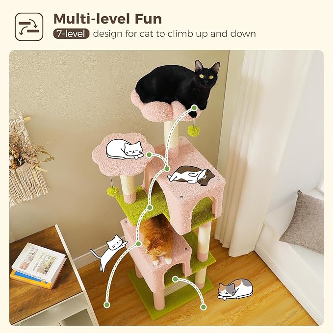 Flower Cat Tree, 62-Inch Tall Multi-Level Cat Tower with Scratching Posts for Large Indoor Cats, Plush Bed w/Padded Perches, Scratching Pad & 2 Green Pompoms, Pink-PurrikoPets