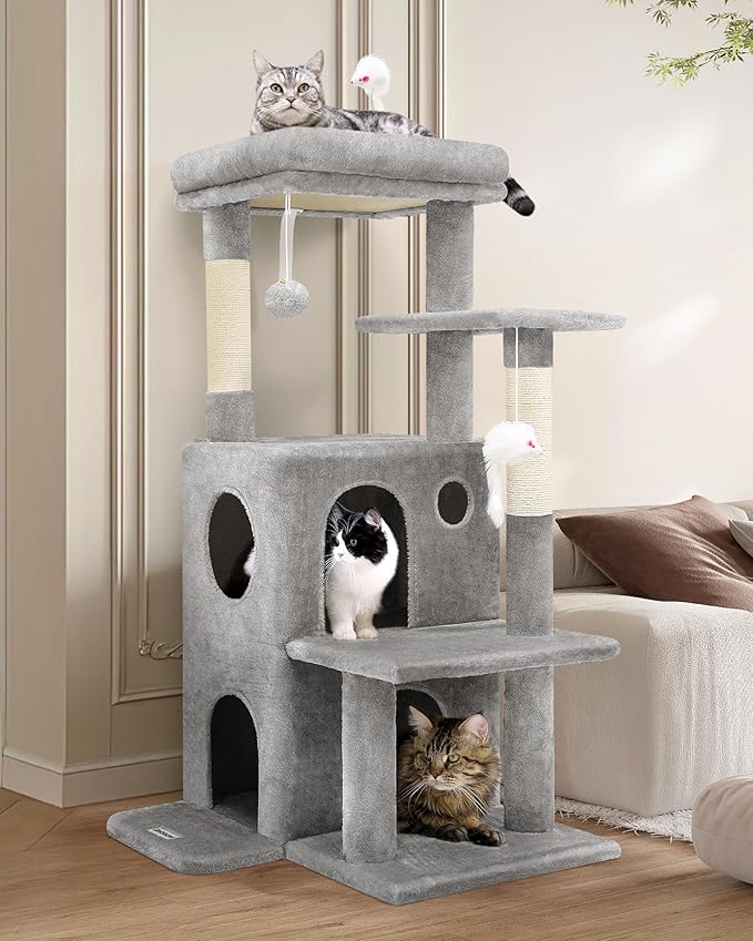 Globlazer Cat Tree Tower for Indoor Cats, 50-inch Adult Cat Tree House for Large Adult Cats with Steps, Scratching Post, 2 Cat Caves, Dangling Toys, FC50, Light Grey-PurrikoPets
