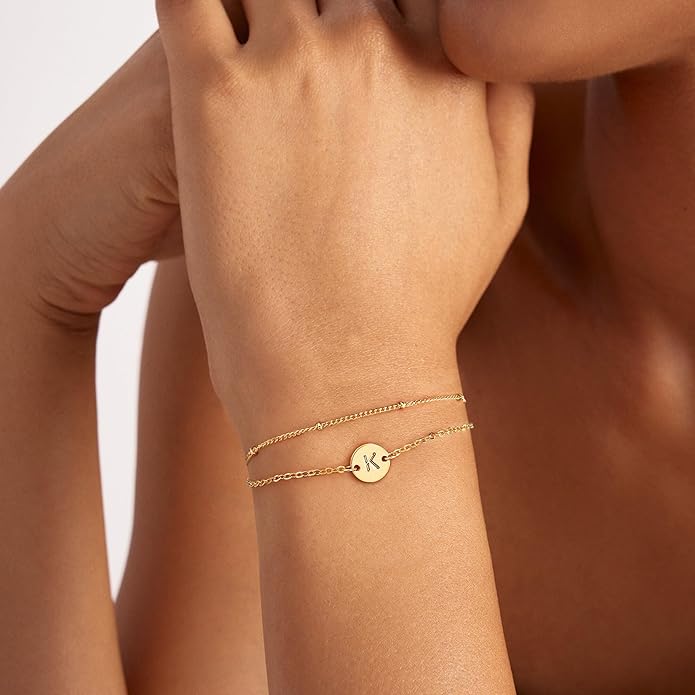 Valentines Day Gifts Initial Bracelets Gifts for Women Trendy - 18K Gold Plated Letter Bracelet Dainty Disc Monogram Charm Bracelet