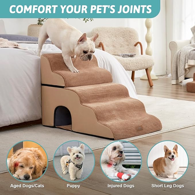 Extra Wide Dog Stairs with Tunnel, Detachable Large Pet Step for Small Medium Dog, Puppy or Cat, Ramp for High Bed, Couch, Sofa or Car, Stable, 19.7x33x22.4 inch, 5 Step, Light Brown-PurrikoPets