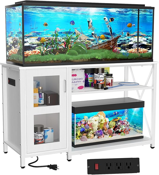 55-75 Gallon Fish Tank Stand with Cabinet, Aquarium Stand for Fish Tank Accessories Storage, Heavy Duty Metal Terrarium Stand, 52" L*19" W Tabletop, 1200LBS Capacity, White-PurrikoPets
