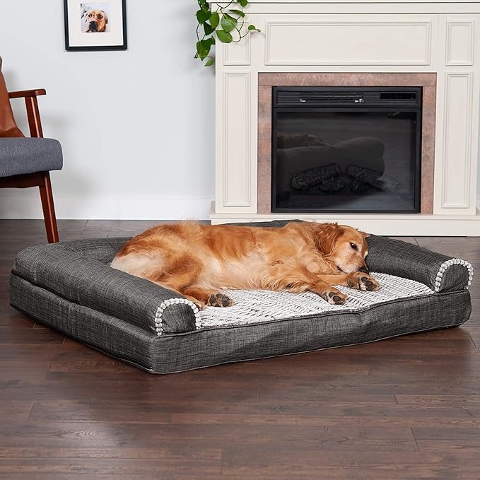 Furhaven Orthopedic Dog Bed for Large Dogs w/ Removable Bolsters & Washable Cover, For Dogs Up to 95 lbs - Luxe Faux Fur & Performance Linen Sofa - Charcoal, Jumbo/XL-PurrikoPets