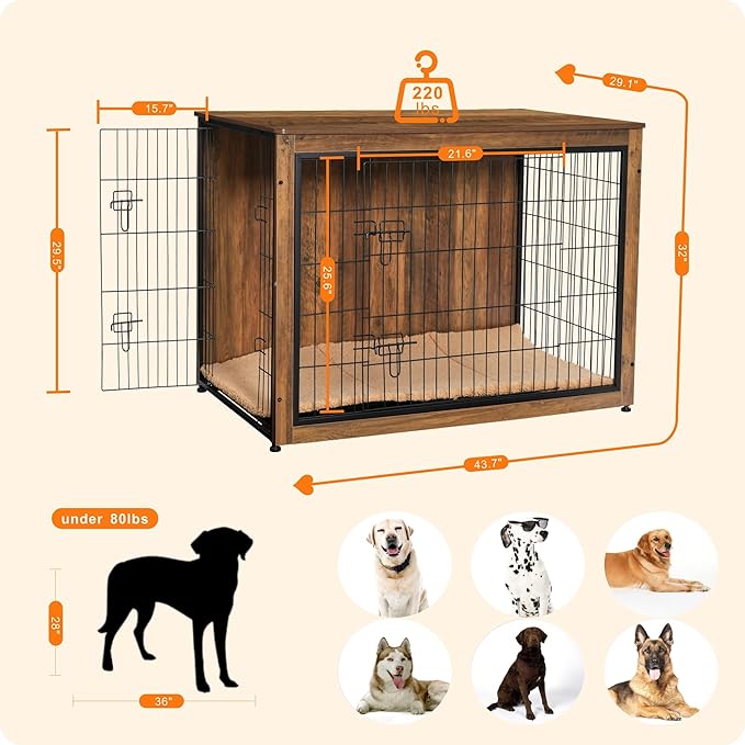 DWANTON Dog Crate Furniture with Cushion, Wooden Kennel Table with Double Doors, Indoor Dog House, Extra Large, 43.3" L, Warm Brown-PurrikoPets