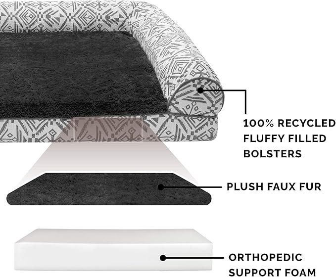 Furhaven Orthopedic Dog Bed for Large Dogs w/ Removable Bolsters & Washable Cover, For Dogs Up to 125 lbs - Plush & Southwest Kilim Woven Decor Sofa - Boulder Gray, Jumbo Plus/XXL-PurrikoPets
