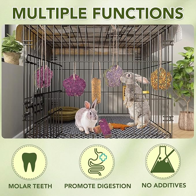 12PCS Rabbit Chew Sticks, Hanging Chew Sticks & Cakes Timothy Hay Rose Chrysanthemum Treat for Bunny Chinchilla Guinea Pig Hamster and Other Small Pets Molar Snack Toy-PurrikoPets