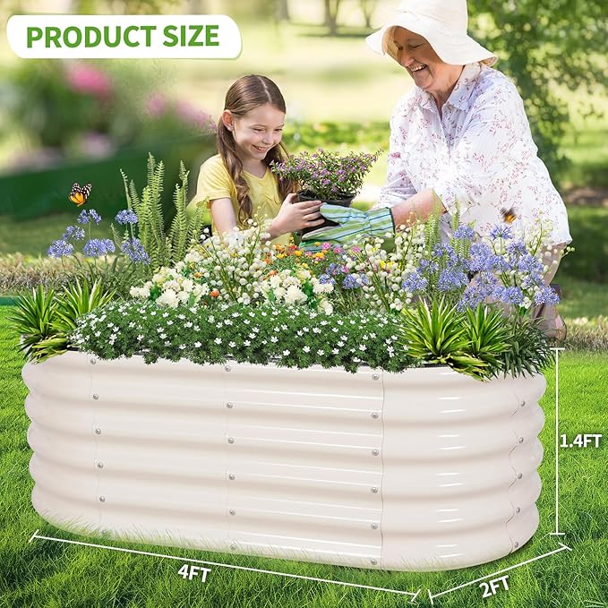 Galvanized Raised Garden Bed - 4x2x1.4FT Metal Planter Boxes Outdoor | Oval Steel Raised Bed Kit for Gardening with Protective Tape, Gloves for Vegetables, Flower, Herb (White)-PurrikoPets