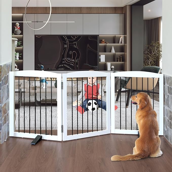 Freestanding Panel Dog Gate for Indoor Doorways, Stairs, or Hallways - Foldable Wooden Pet Gate, 24" Height - 3 Panels, White-PurrikoPets