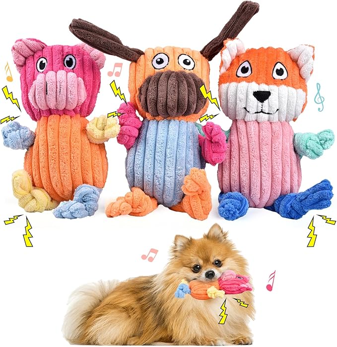 3pcs Dog Squeaky Toys, Plush Stuffed Puppy Chew Toy for Extended Play, Interactive Toys Gifts for Small Medium Large Chewer Dogs, Pet Toy Bulk to Keep Them Busy(Dog&Fox&Pig)-PurrikoPets