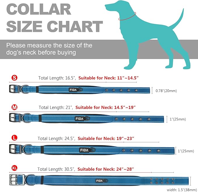 Fida Heavy Duty Dog Collar, Ultra Comfortable Soft Neoprene Padded, Adjustable Reflective Nylon Pet Collar with Durable Metal Belt Buckle for Large Breeds (L, Blue)-PurrikoPets