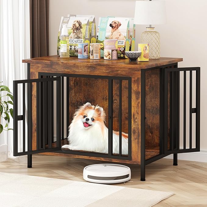 EasyCom 31.5" Small Dog Crate Furniture, Chew-Resistant Dog Crates for Small and Medium Dogs, Dog Kennel Furniture Indoor with 2 Doors and 3.94" Raised Feet, as TV Stand, End Table, Crate Table-PurrikoPets