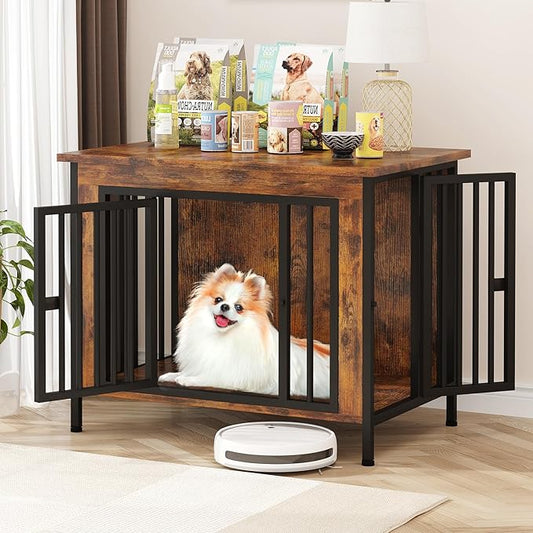 EasyCom 31.5" Small Dog Crate Furniture, Chew-Resistant Dog Crates for Small and Medium Dogs, Dog Kennel Furniture Indoor with 2 Doors and 3.94" Raised Feet, as TV Stand, End Table, Crate Table-PurrikoPets