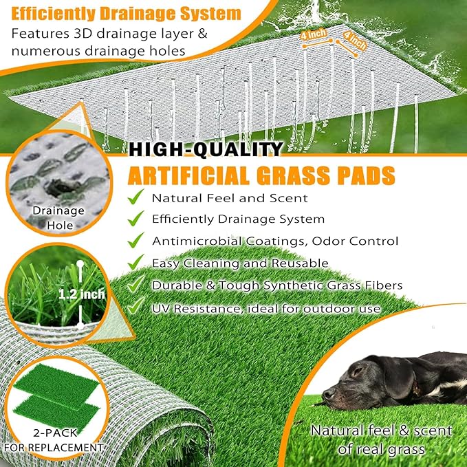 Dog Grass Pad with Tray, Reusable Large Artificial Turf Grass Potty and Puppy Pee Pads for Dogs, Portable Stainless Steel Dog Litter Box for Indoor/Outdoor Potty Training Toilet-PurrikoPets