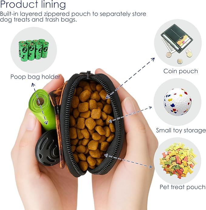 Dog Treat Pouch for Pet Walking and Training with Clicker Poop Bags and Double Bag Design Small Fanny Zipper Pack Holder for Puppy Snack Dispenser Kit for Leash and Outdoor Use Deer Hide Skin-PurrikoPets