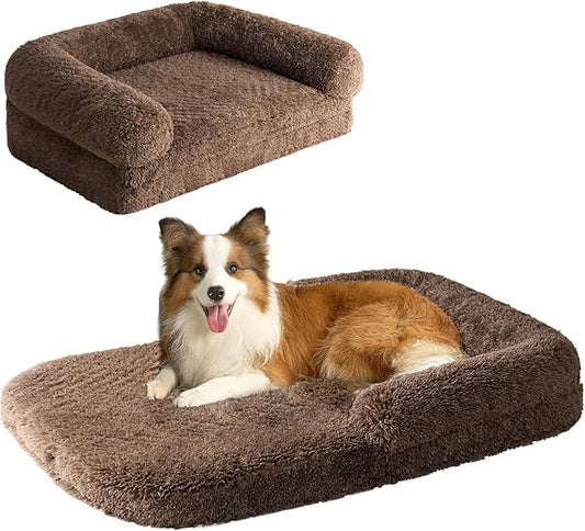 EHEYCIGA Foldable XXL Dog Bed, Faux Fur Fluffy Pet Couch Bed for Extra Large Dogs, Orthopedic Calming Memory Foam Big Pet Bed, Washable Soft Pet Sofa Bed with Non-Slip Bottom, Brown, 54"x38"x7.5"-PurrikoPets
