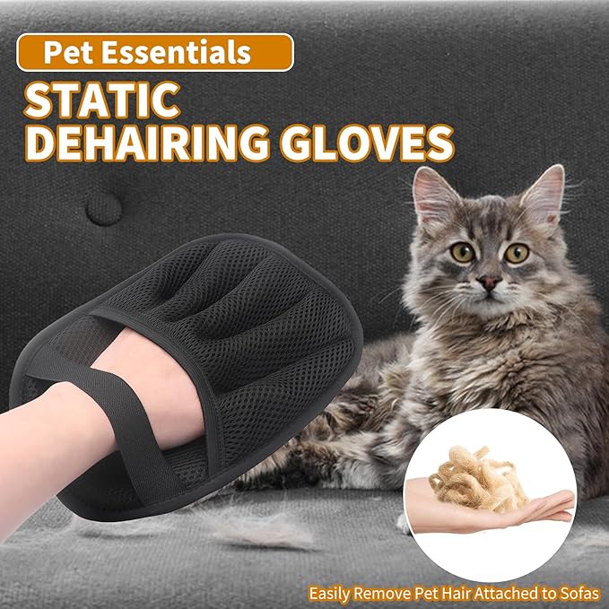 2PCS Electrostatic Pet Grooming Gloves, Reusable Hair Remover for Dog Cat Fur on Clothes Furniture Car Seat/Five Fingers/Black-PurrikoPets