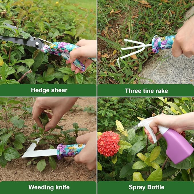 Gardening Tool Set 10-Piece, Heavy Duty Garden Tool Set with Purple Floral Tote Bag and Gift Box, Gardening Tools Kit with Ergonomic Non-Slip Handle, Ideal Gardening Gifts for Women Mom-PurrikoPets