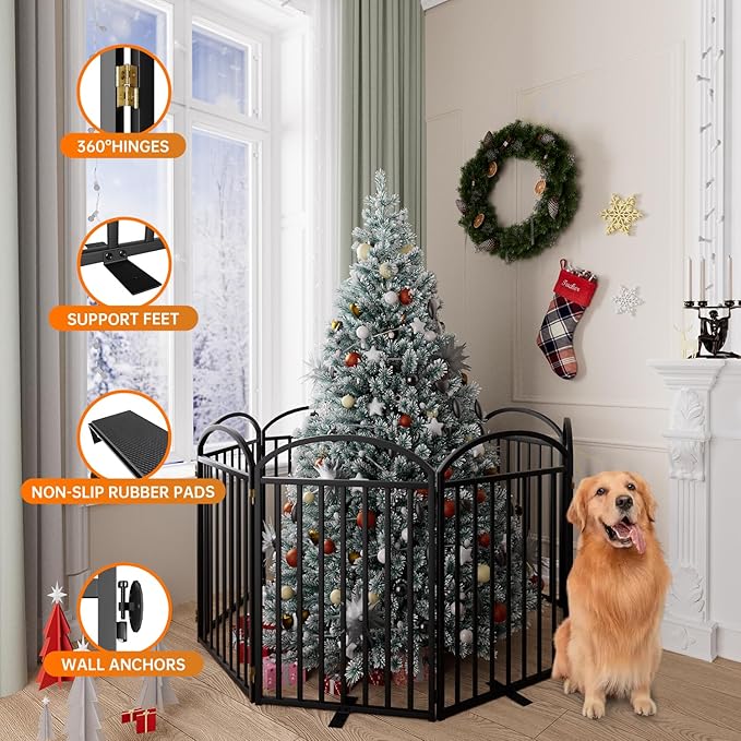 8 Panles Full Matel Freestanding Dog Gates with Door, 192"Extra Wide 32"Tall Free Standing Dog Pet Gate for Indoor & Outdoor. Foldable Pet Fences for Doorways, House, Stairs, Porch, Deck, Yard-PurrikoPets