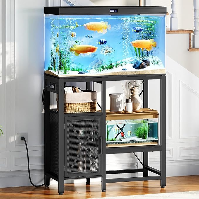 20-37 Gallon Fish Tank Stand, Aquarium Stand with Power Outlet and Storage Cabinet, Heavy Duty Tank Stand Suitable for Turtle Tank, Reptile Terrarium, for Home Office, Black FTHB40E01-PurrikoPets