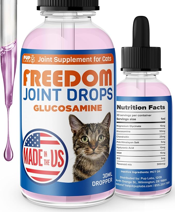 Freedom Joint Drops for Cats with Hyaluronic Acid, MSM, Glucosamine, & Chondroitin, All Natural Cat Joint Supplement for Mobility, Powerful Glucosamine for Cats, Cat Pain Relief, 30ml Dropper-PurrikoPets