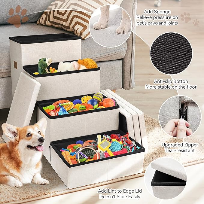 Dog Stairs with Condo 23" H, 4-Step Wider Folding Storage Pet Stairs Gift for Small/Medium/Large Old Dogs Cats, Dog Steps for High Beds Window, Ramp for Climbing Car Up to 200 lbs, Beige-PurrikoPets