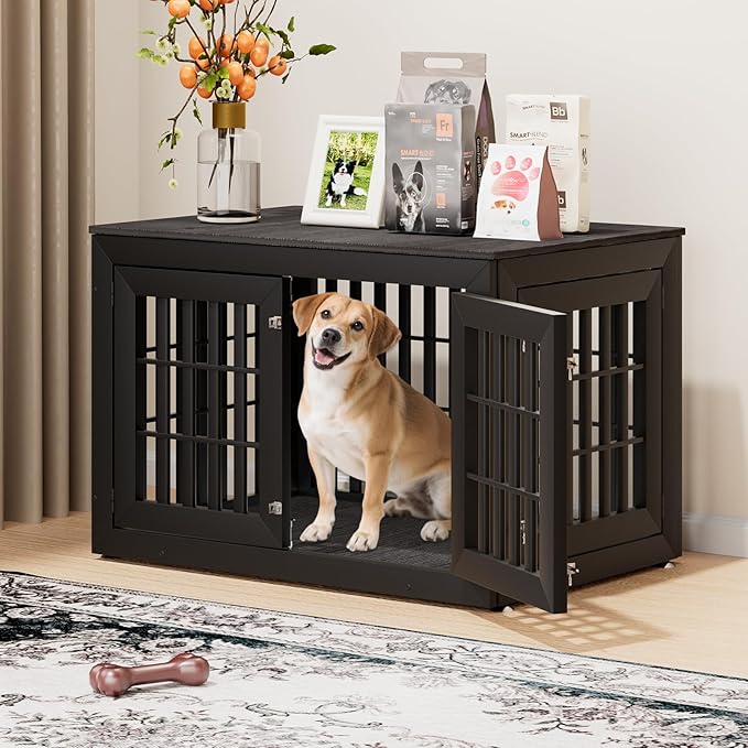 42" Heavy Duty Dog Crate Furniture for Small,Medium and Large Dogs,Rustic Wooden Dog Cage Kennel Indoor Furniture with Waterproof Top,Decorative Pet House Side End Table (Black & Grey)-PurrikoPets