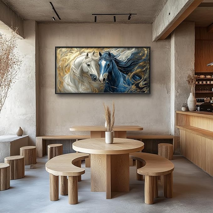Framed Large Horse Wall Art for Living Room, Oversized Abstract Horses Wall Decor Blue and Golden Canvas Painting Animal Pictures Modern Artwork for Living Room Bedroom Office 60"x30"-PurrikoPets