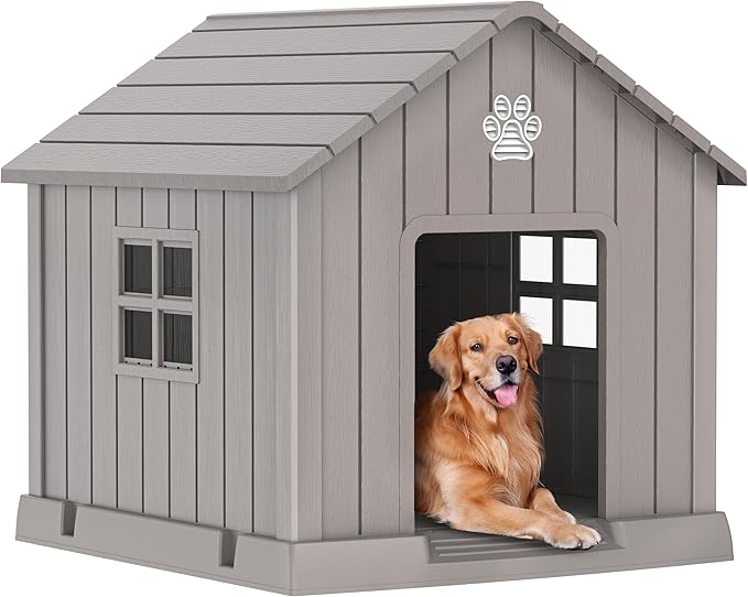 DRATO Dog House Indoor Outdoor for Small to Large Sized Dogs Indoor Outdoor Doghouse Puppy Shelter with Elevated Floor, Easy to Assemble (Light Brown, 38Inch(37.8 * 40.87 * 38.82))-PurrikoPets