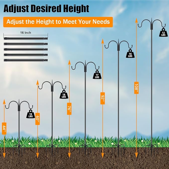 FEED GARDEN Adjustable Double Shepherds Hook for Outdoor with 5 Prong Base 108 Inch Heavy Duty Two Sided Bird Feeder Pole for Hanging Plant Baskets, Solar Light Lanterns, Wind Chimes 2 Pack-PurrikoPets