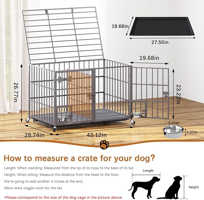 aboxoo 42/48 inch Heavy Duty Metal Dog Crate for 2 Dogs/Large Dog,All Metal Open Top,Dog Kennel Indoor with Wheels,Floor Grid, Tray, Divider and Feeding Bowl (Sliver)-PurrikoPets