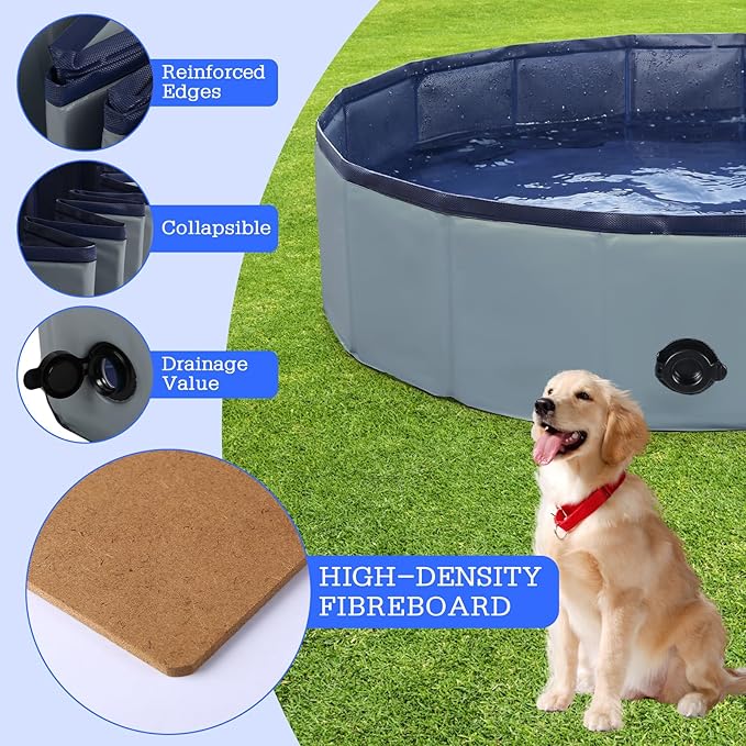 Foldable Dog Bath Swimming Pool Plastic Kiddie Pool Professional Tub Collapsible Grooming Bathtub for Pets Kids Baby and Toddler, 32 x 8 Inches Gray-PurrikoPets