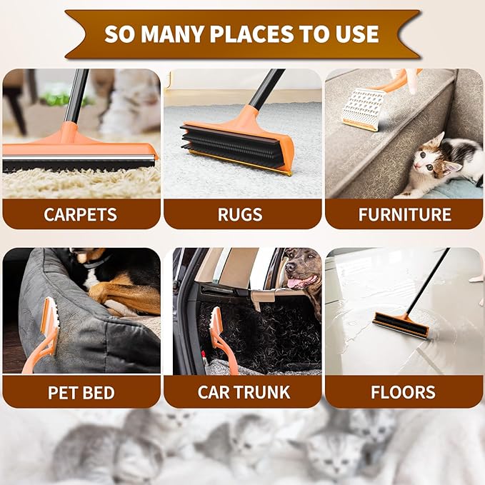 3 in 1 Carpet rake Kit for Pet Hair Removal Tool - Reusable Pet Hair Remover broom w 58"Adjustable Long Handle, Dog & Cat Carpet Scraper, Pet Hair Remover for Rugs, Mats, Couch, Curtains(Orange)-PurrikoPets