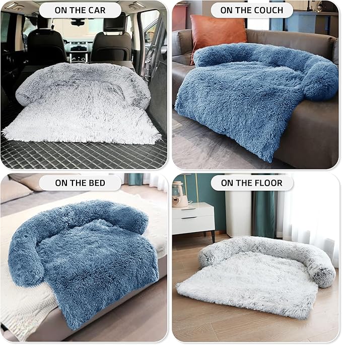GGIB Calming Dog Bed Fluffy Plush Dog Mat for Furniture Protector with Removable Washable Cover for Large Medium Small Dogs and Cats (Large, Navy)-PurrikoPets