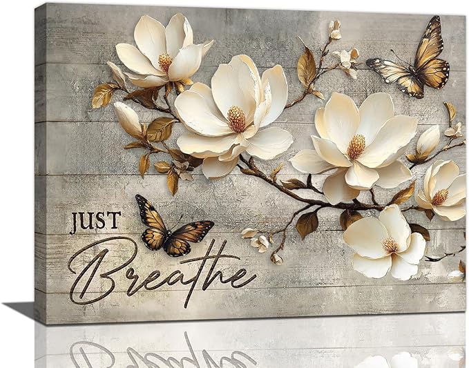 Floral Magnolia Bathroom Pictures Wall Art, Just Breathe Bathroom Wall Decor, Flower Butterfly Framed Painting Canvas Artwork for Bedroom Living Room Decorations 20"L x 16"W-PurrikoPets