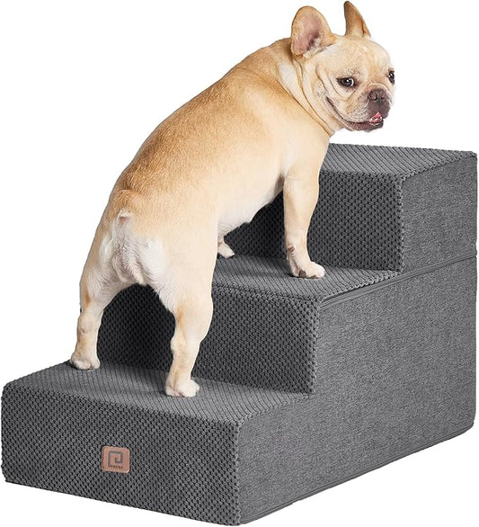 EHEYCIGA Dog Stairs for Small Dogs 16.5" H, 3-Step Extra Wide Dog Steps for Couch Sofa and Chair, Pet Steps for Medium Cats, Non-Slip Balanced Pet Ramp Indoor, Grey-PurrikoPets