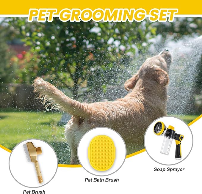 Dog Wash Hose Attachment, 10-in-1 Spray Mode Pet Shower Soap Sprayer with Grooming Comb Rubber Brush, Hose Nozzle with 100cc Soap Dispenser, for Watering, Car Wash, Dog and Horse Showering (Yellow)-PurrikoPets