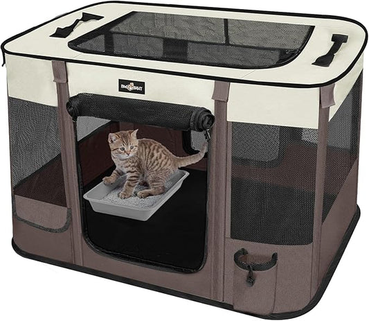 Foldable Pet Kitten Playpen, Upgrade Waterproof Portable Cat Dog Playpen Kennel Tent for Small Dog Cat, Removable Shade Cover, Indoor Outdoor Use for Small Pet, Brown-PurrikoPets