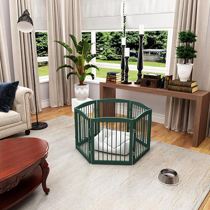 Freestanding Pet Gate for Dogs, Foldable Wooden Dog Gate for House, Extra Wide Indoor Pet Barrier for Stair, Doorway, Hall, Support Feet Included, 120 Inch Wide, 6 Panels 24",Green-PurrikoPets