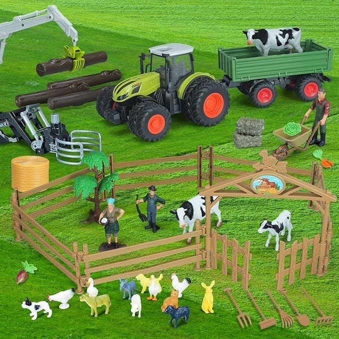 46Pcs Farm Toys, Tractor Toy w/Lights & Sound, Farm Animals Toys for 3 4 5 6 7 8+ Year Old Toddler Girls Boys Kid, Figures Farmer Vehicle Truck Fence Farm Playset Educational Learning Toys-PurrikoPets