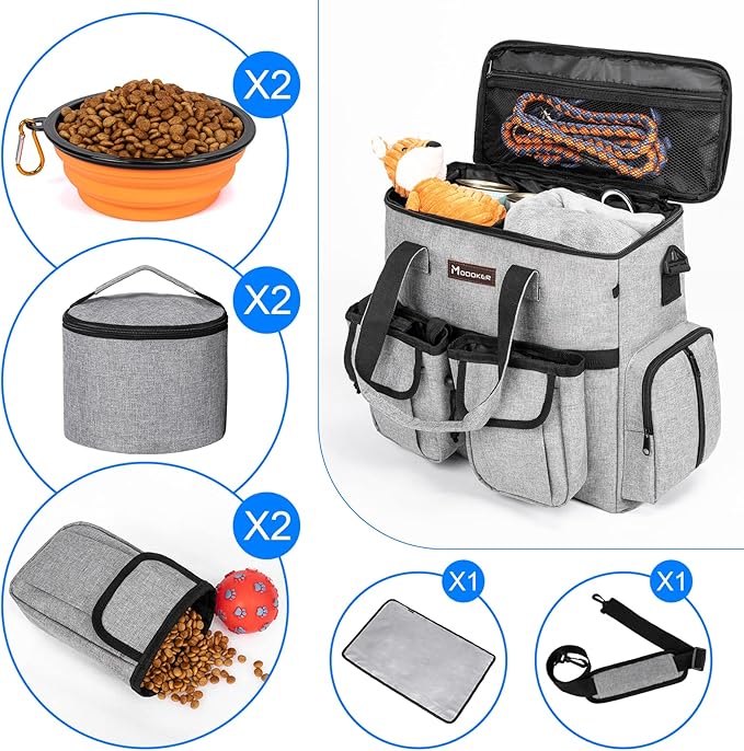 Airline Approved Dog Travel Bag with 2 Dog Treat Training Pouches, Tote Organizer for Weekend Pet Travel Supplies & Accessories, 2 Collapsible Bowls, 2 Food Container (Grey)-PurrikoPets