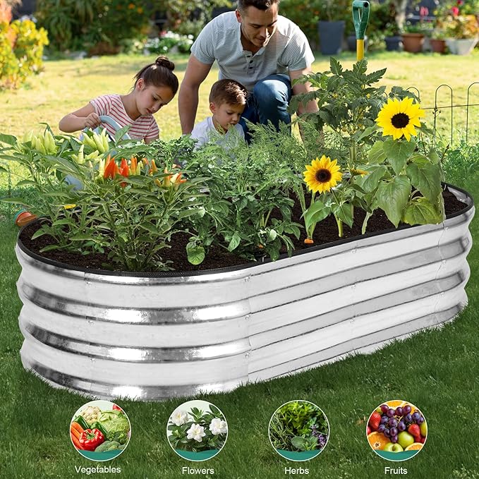 Galvanized Raised Garden Bed - 4×2×1ft (2 Packs) Planter Raised Beds for Gardening | Oval Metal Garden Planter Box with Safety Edging and Gloves for Vegetables Fruits and Flower - Silver-PurrikoPets