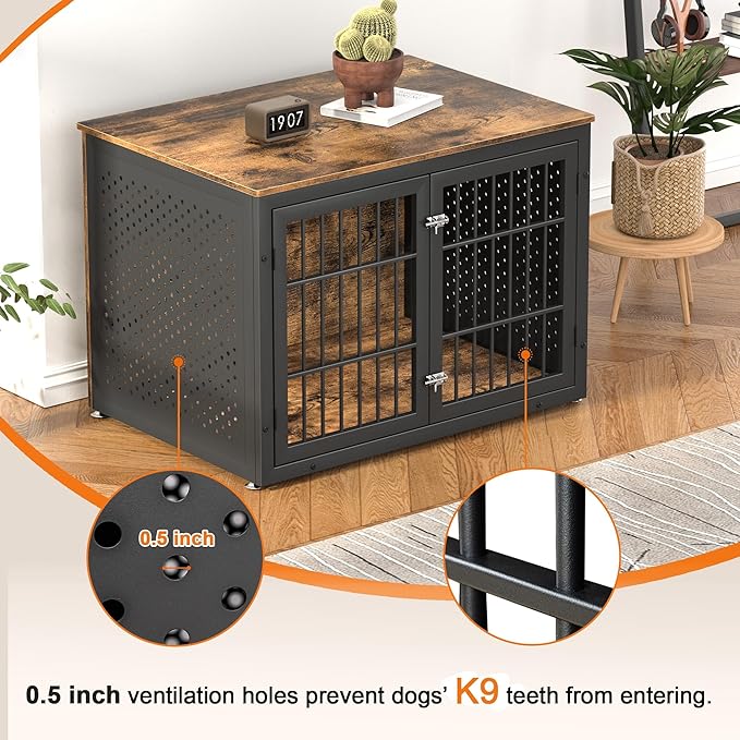 42" Heavy Duty Dog Crate Furniture for Large and Medium Dogs, Enclosed Design Wooden Metal Kennel, Wooden Cage Furniture Indoor, Decorative Dog Kennel End Table-PurrikoPets
