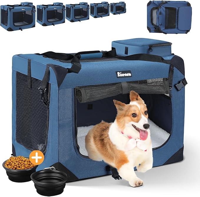 Extra Large Dog Crate with 2 Foldable Bowl, 36 Inch Collapsible Travel Dog Crate Kennel with Soft Blanket for Medium Dogs,Indoor & Outdoor (36" L x 25" W x 25" H, Navy)-PurrikoPets