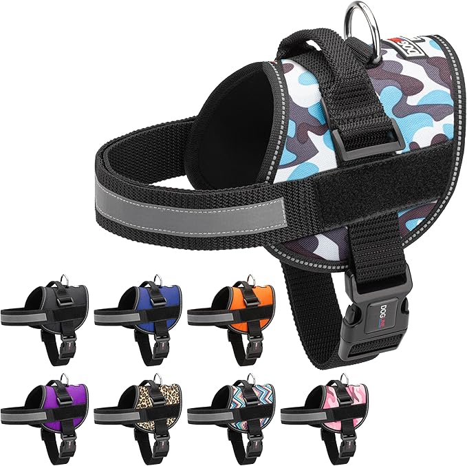 Dogline Dog Harness, Reflective No-Pull Adjustable Vest with Handle for Walking, Training, Breathable, No - Choke Harness for Small, Medium or Large Dogs Room for Patches Girth 22"-28" in Blue Camo-PurrikoPets