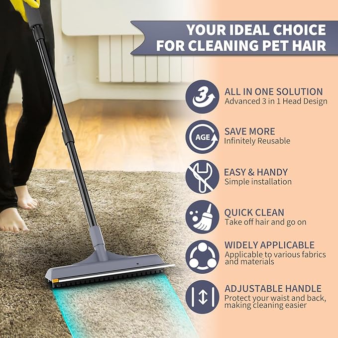 3 in 1 Carpet rake Kit for Pet Hair Removal Tool - Reusable Pet Hair Remover Broom w 58" Adjustable Long Handle, Dog & Cat Carpet Scraper, Pet Hair Remover for Rugs, Mats, Couch, Curtains(Gray)-PurrikoPets