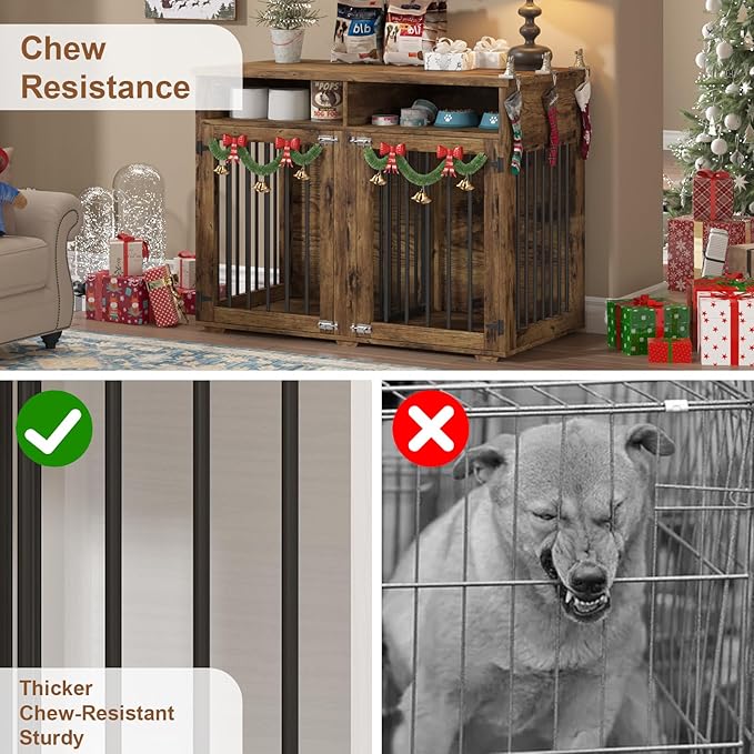 Furniture Dog Crate for 2 Dogs, 41 Inch Dog Kennel Furniture with Removable Divider and Shelf Storage, Wooden Dog Crate for Small/Medium Dogs, Rustic Brown-PurrikoPets